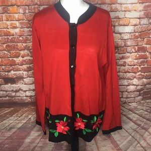 Vintage LEA Apparel Embroidered Christmas Poinsettia Cardigan